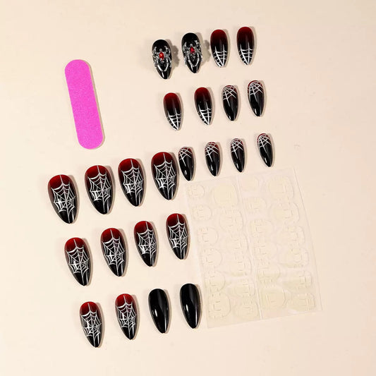 Halloween Dark Gothic Black-to-Red Gradient Spiderweb Nails with Gold Metal Spider – Trendy Press-On Set