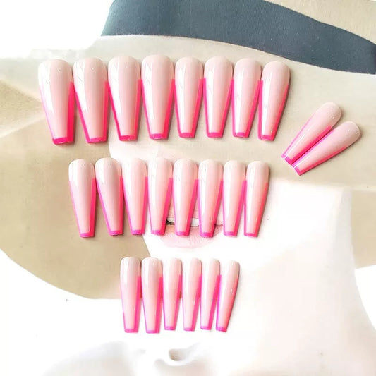 French-Style Flesh Pink to Peach Red V-Shaped Extra-Long Trapezoid Press-On Nails