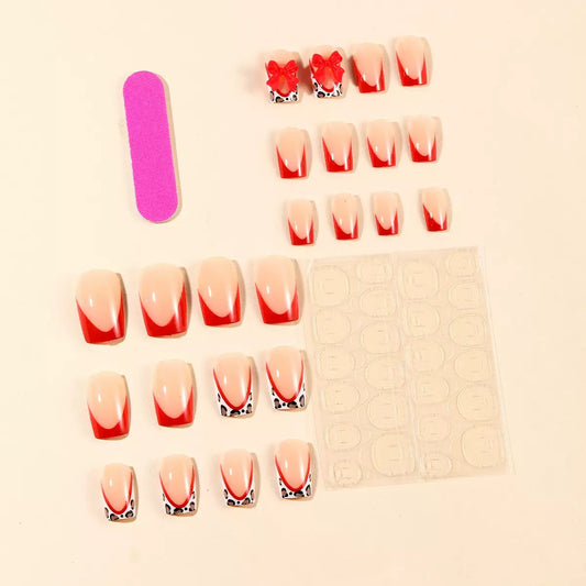 Valentine’s Day Edgy Red French Tip Leopard Print Color-Block Sweet Bow Press-On Nails