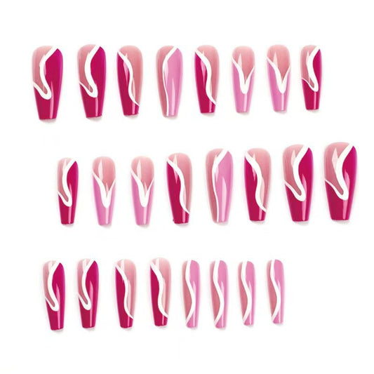 Trendy Western-Style Hot Girl Rose Red Press-On Nails with White Stripes