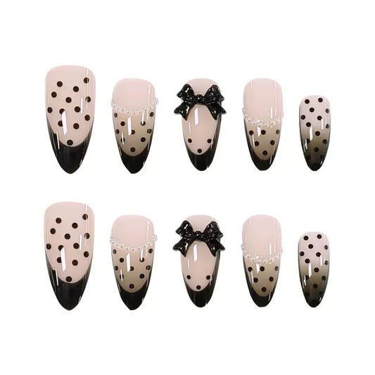 French Sexy Girl Nude Pink & Black Polka Dot Bow Pearl Press-On Nails