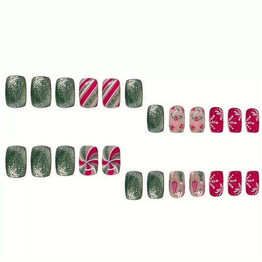 Christmas Short Glossy Square Press-On Nails with Snowflakes, Christmas Tree, Red & Green Stripes, and Glitter