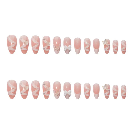 Valentine’s Day Sweet French White Press-On Nails with 3D Bow, Camellia, Aurora Butterfly, Pearl, and Ribbon Design