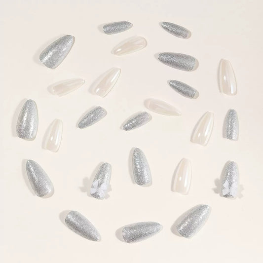 White Chrome Butterfly Bow Glitter Accent Almond Press-On Nails