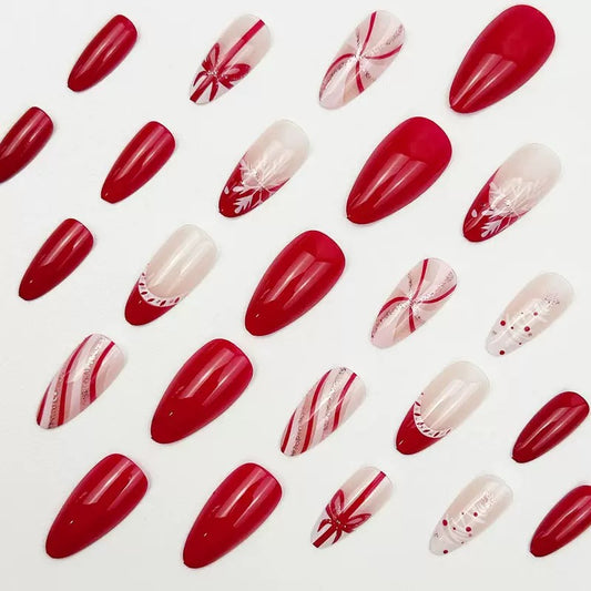 Christmas Red French Press-On Nails with Ribbon and White Snowflake Design
