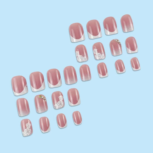 French White Floral Short Square Press-On Nails