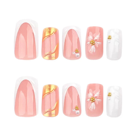 French Chic Girly White 3D Sunflower Pearl Medium-Short Square Press-On Nails