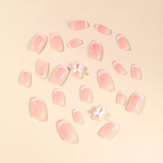 Simple French White-Edged Press-On Nails with Sweet Butterfly Bow Accent