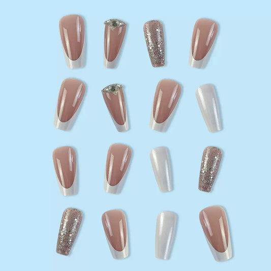 White-Tip French Press-On Nails with Silver Rhinestone Embellishments, Luxurious, Elegant, and High-End Press-On Nail Set