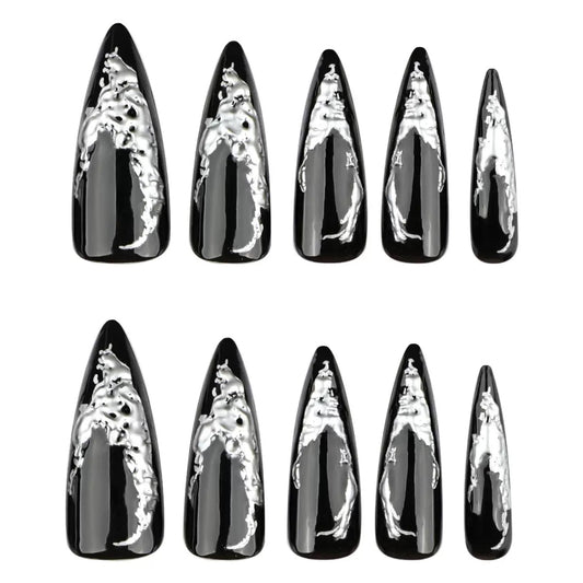 Dark Goth Girly Long Stiletto Silver Foil Press-On Nails