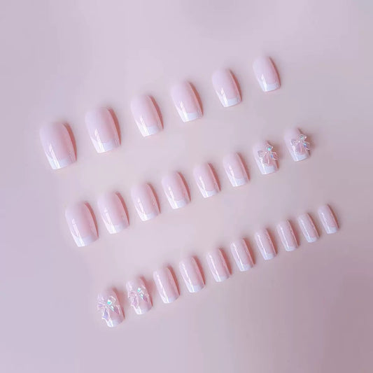 White French Press-On Nails with Pure, Icy-Transparent Look and Light Pink Bow — Square Shape Press-On Nail Set