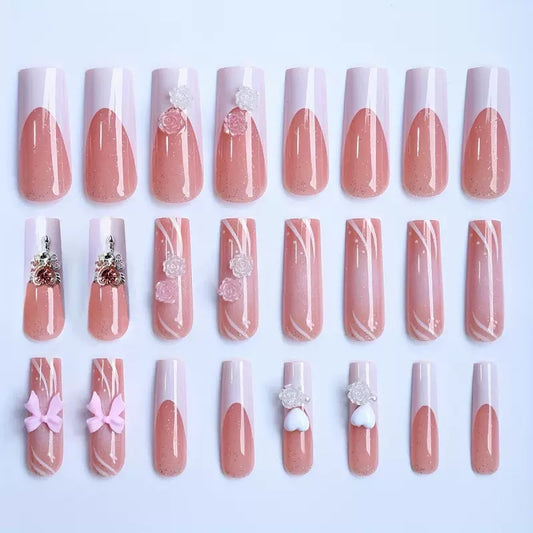 Valentine’s Day White French Nail Tips with 3D Bow and Fairy Wand, Press-On Nails