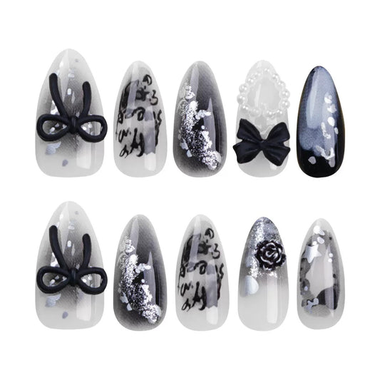 Black 3D Bow Pearl Heart Star Gradient Letter Almond Press-On Nails