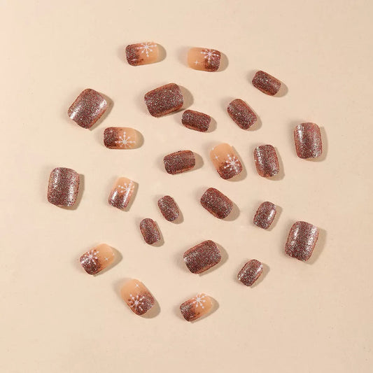 Christmas Short Square Press-On Nails with Snowflake & Starburst Champagne Glitter