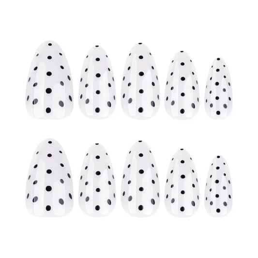Bestselling White Base Black Polka Dot Almond Press-On Nails