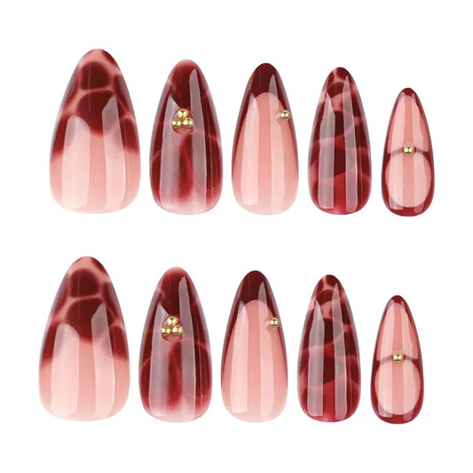 French Wine-Red Minimalist Petal Flower Almond Press-On Nails