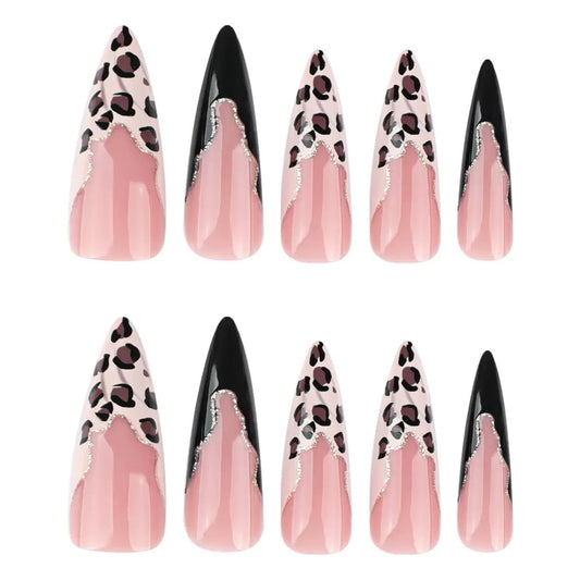 French Leopard Print Glam Nails with Black Contrast, Extra-Long Stiletto Press-On Nails
