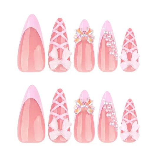 Valentine’s Day Sweet 3D Bow French-Style Short Almond Press-On Nails in Lotus Pink