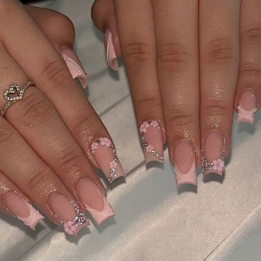 French Sparkling Rhinestone Flower Press-On Nails
