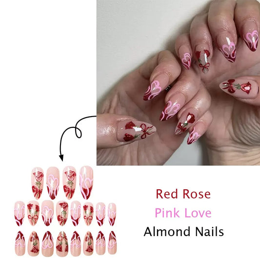 Valentine’s Day Soft Pink Base Almond Press-On Nails with Red French Tips, Bow, Rose Pink, and Heart Design