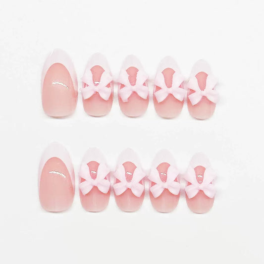 Valentine’s Day White French Short Almond Press-On Nails with Pink Bow Design