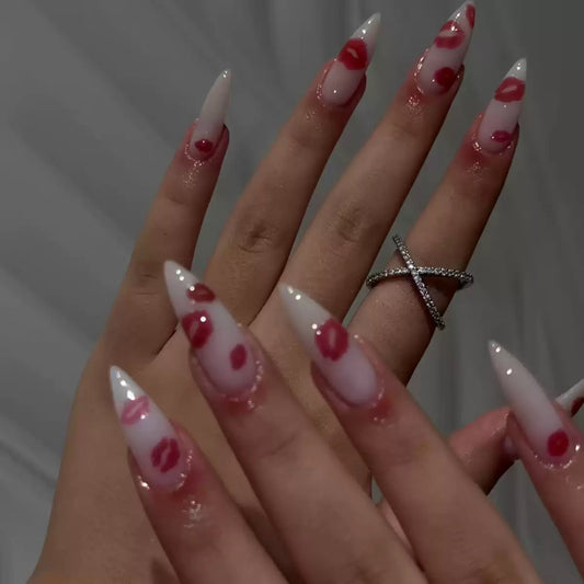 Valentine’s Day Sexy Red Lip Medium-Long Almond Press-On Nails with a Simple Design
