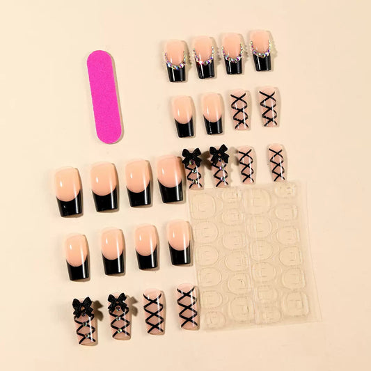 Black Cross-Strap French-Edge Square Press-On Nails with Rhinestone Butterfly Bow