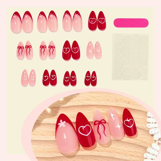 Valentine’s Day Sweet Red & Pink Heart, Bow and Star Almond Press-On Nails