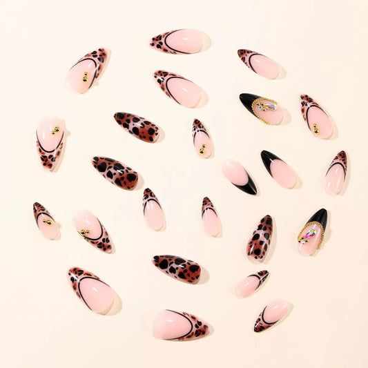 Black Leopard Print French-Edge Press-On Nails with Teardrop Rhinestones, Gold Chain & Metal Bead Accents