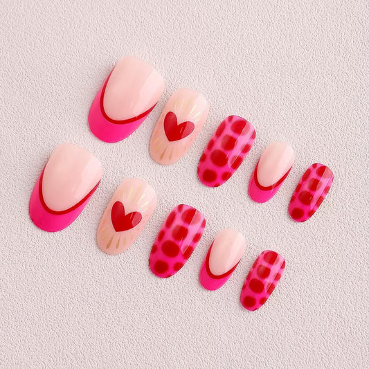 Valentine’s Day Heart, Rose Red Leopard Print French Short Round Press-On Nails