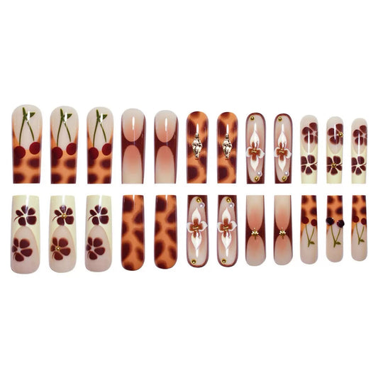 Vintage Brown Leopard Print 3D Flower Press-On Nails with Gold Foil & Pearl Accents