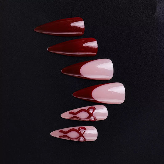 Red French 3D Bow Ripple Detachable Press-On Nails