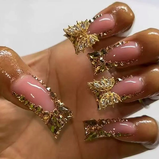 French-Style Platypus-Shaped Gold Crushed Crystal Butterfly Press-On Nails