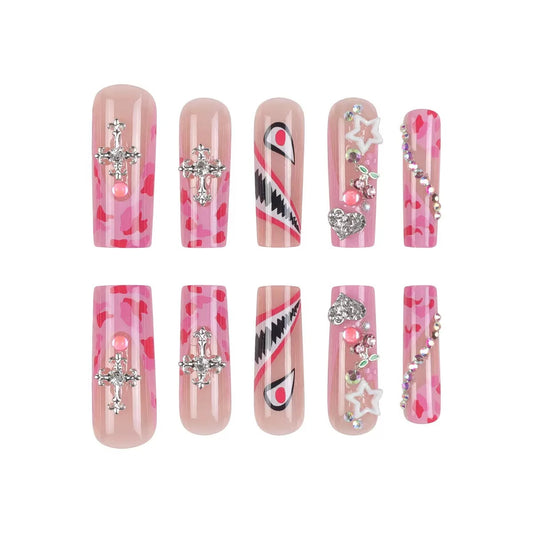 Sweet & Spicy Girl Style Cartoon Shark Teeth with Eyes, Glittering Cross and Rhinestone Press-On Nails