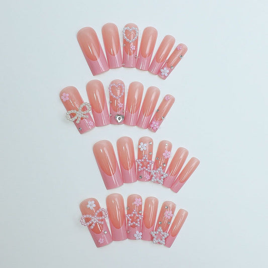 Valentine’s Day French Barbie Pink Rhinestone Bow, Star, Pearl & Heart Press-On Nails