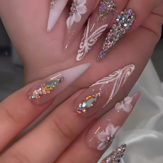 Radiant Finished Press-On Nails with Flower and Sparkling Rhinestones