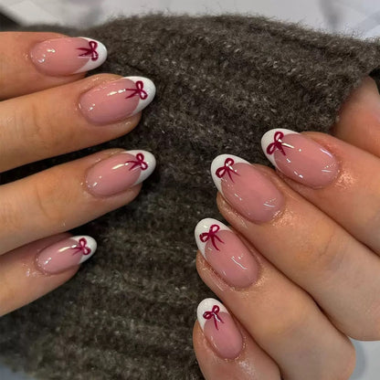 Valentine's Day Simple French White-Edged Red Bow Press-On Nails