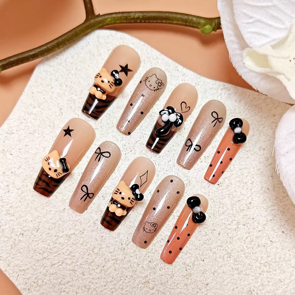 Cartoon Kitty Leopard Print French Bow Press-On Nails