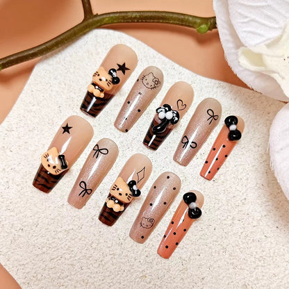 Cartoon Kitty Leopard Print French Bow Press-On Nails