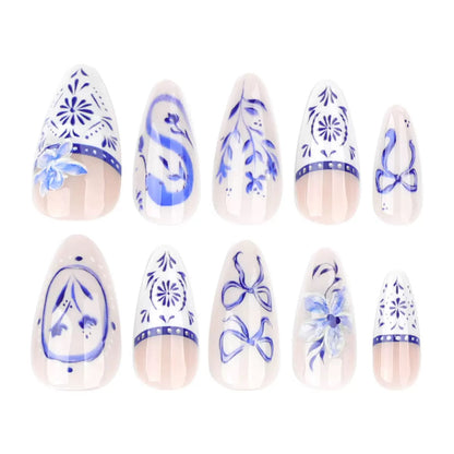 Hot Chinese-Style Blue & White French Almond Press-On Nails – Butterfly, Flower & Snake Print, Detachable Reusable False Nails