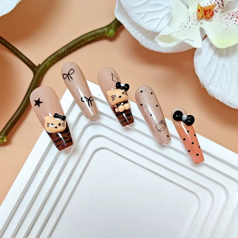 Cartoon Kitty Leopard Print French Bow Press-On Nails