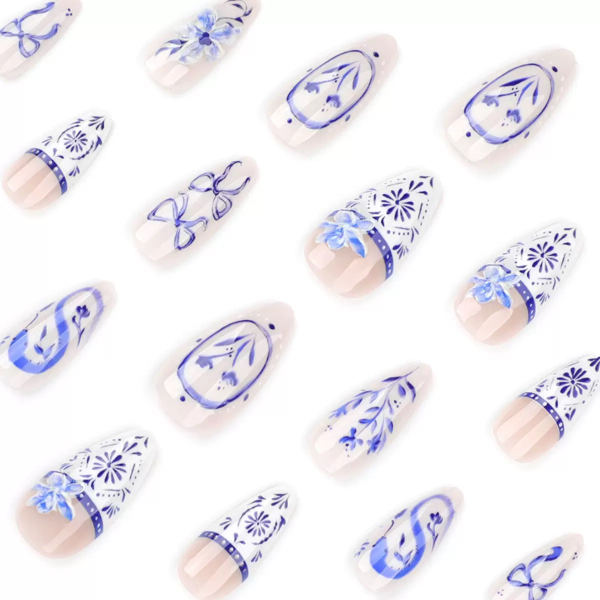 Hot Chinese-Style Blue & White French Almond Press-On Nails – Butterfly, Flower & Snake Print, Detachable Reusable False Nails