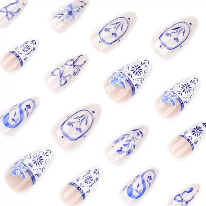 Hot Chinese-Style Blue & White French Almond Press-On Nails – Butterfly, Flower & Snake Print, Detachable Reusable False Nails