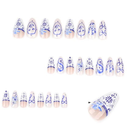 Hot Chinese-Style Blue & White French Almond Press-On Nails – Butterfly, Flower & Snake Print, Detachable Reusable False Nails