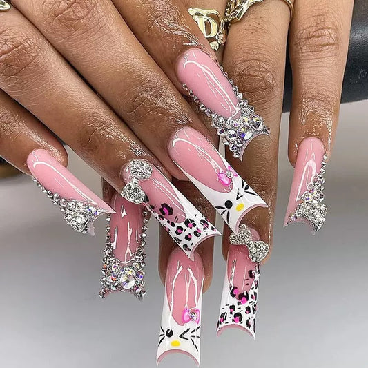 Hot-Selling Rhinestone-Studded Deluxe Leopard Print with Bow Kitty Cat High-Quality Press-On Nails