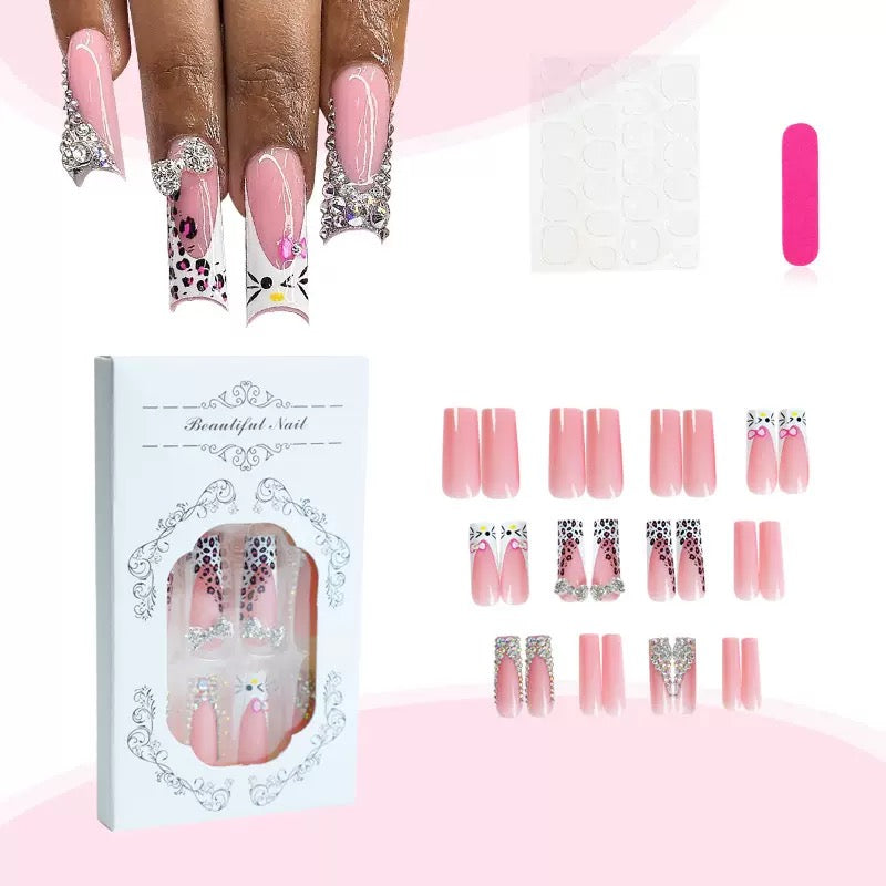 Hot-Selling Rhinestone-Studded Deluxe Leopard Print with Bow Kitty Cat High-Quality Press-On Nails