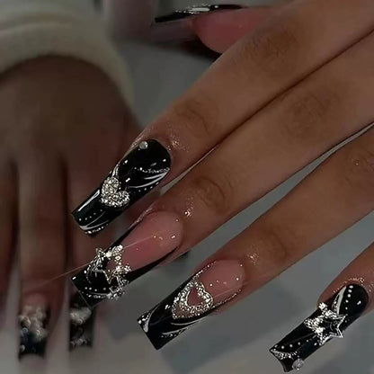 Black French-Style Sweet-Cool Glitter Heart and Star Dark Gothic Press-On Nails