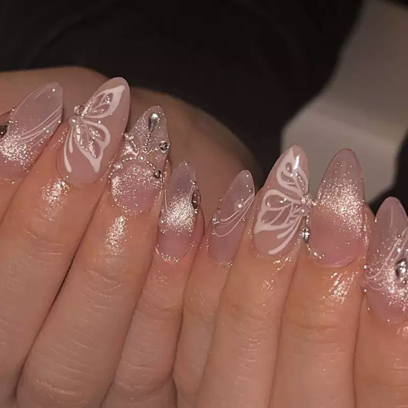 Nude Pink Cat Eye Glitter Stripe with Rhinestones, Pearl Bow Short Almond Press-On Nails