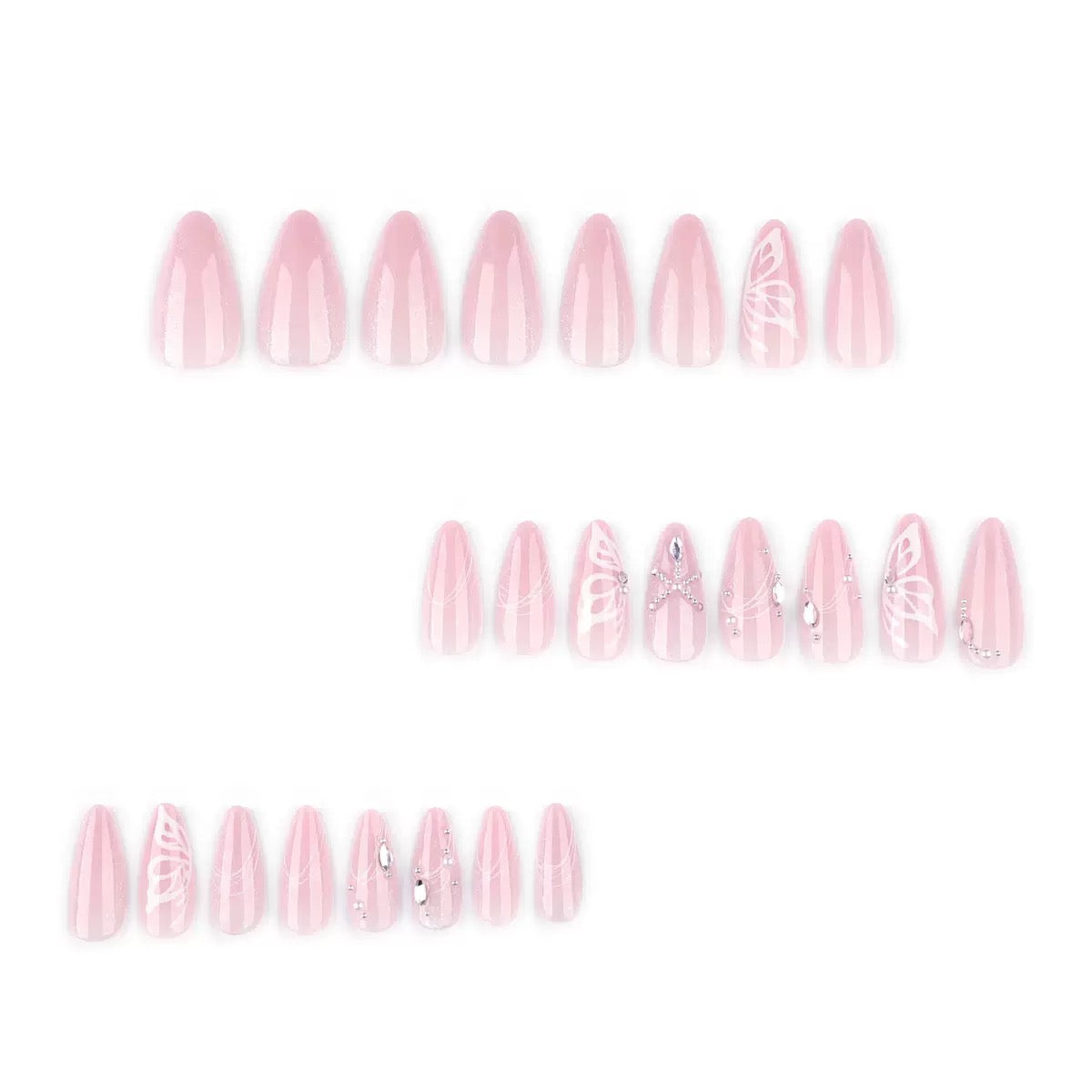 Nude Pink Cat Eye Glitter Stripe with Rhinestones, Pearl Bow Short Almond Press-On Nails