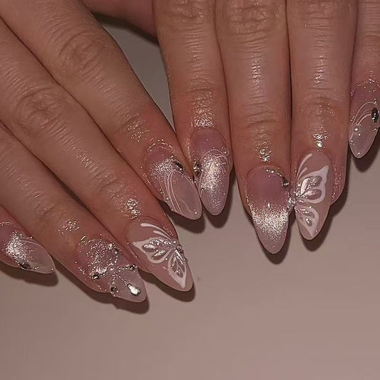Nude Pink Cat Eye Glitter Stripe with Rhinestones, Pearl Bow Short Almond Press-On Nails